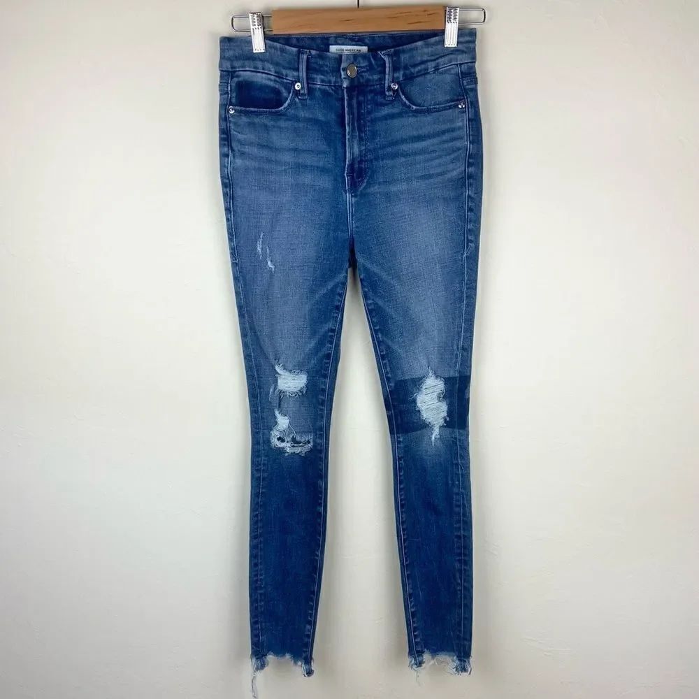 Good American Good Waist Distressed Frayed Hem High-Rise Skinny Jean